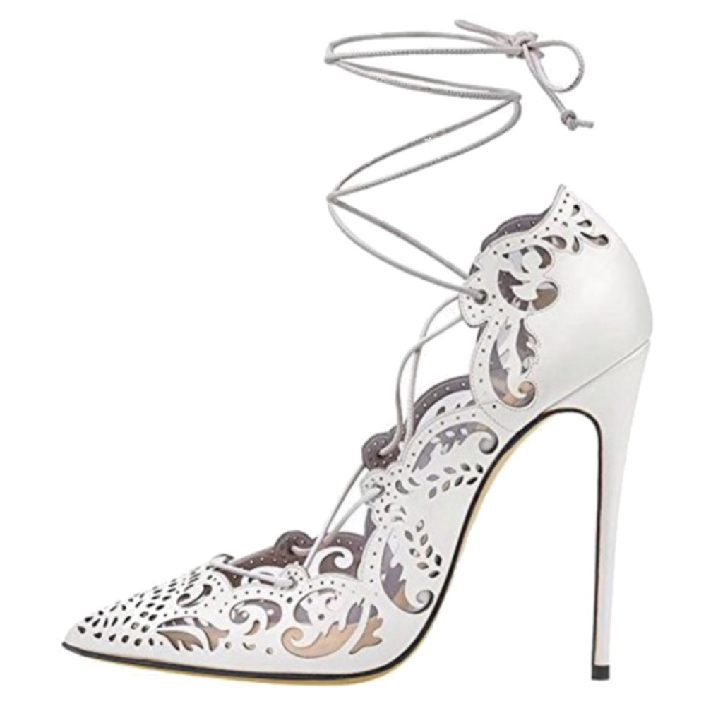 White lasercut detail lace up heels
